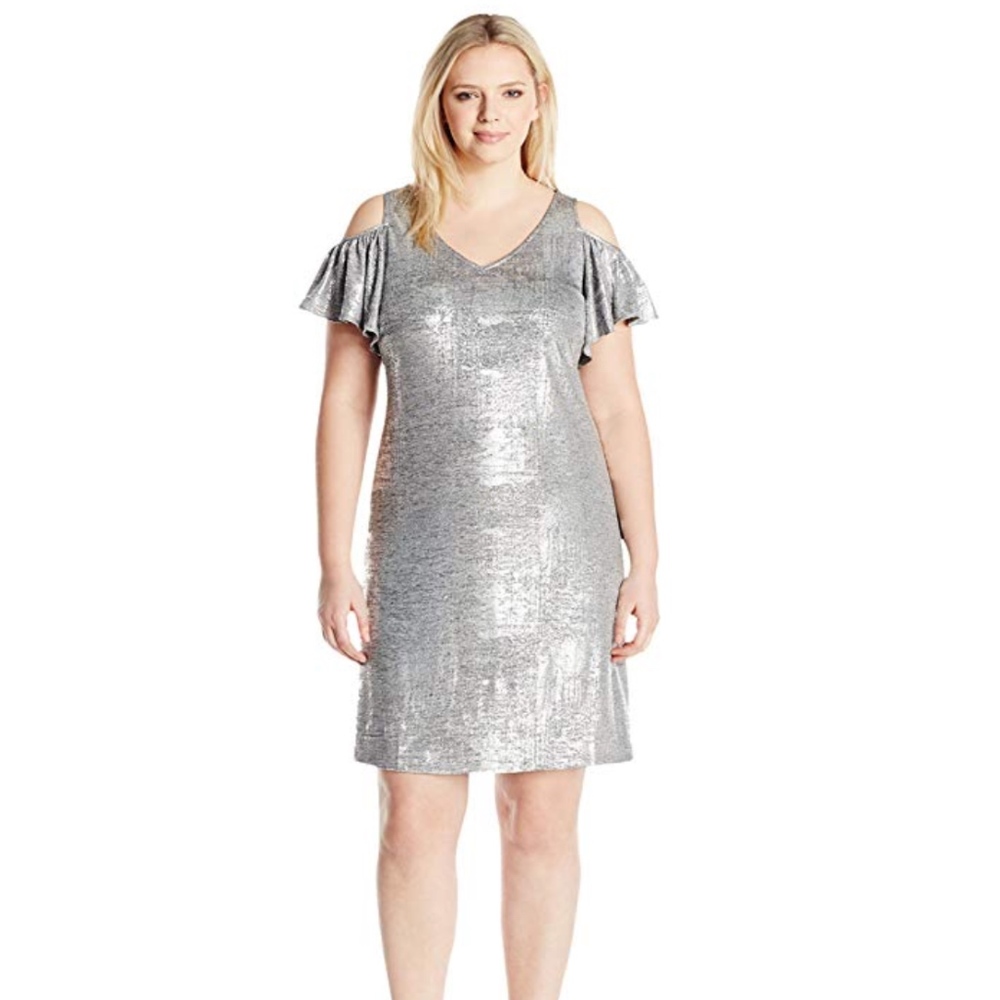 Msk Metallic Cold Shoulder Flutter Sleeve Dress - image 1